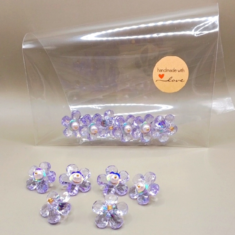 6 Pieces Hand Made 💕 Plastic Purple Floral Accessories with Rhinestone Accents